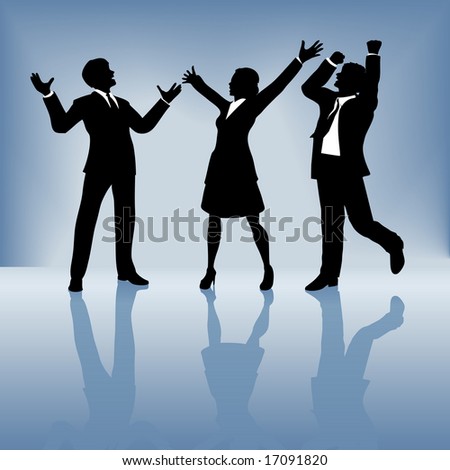 A team of 3 business people, 2 men 1 woman, celebrate a worldwide win. Gradient background is solid blue at the top, for easier bleed editing.
