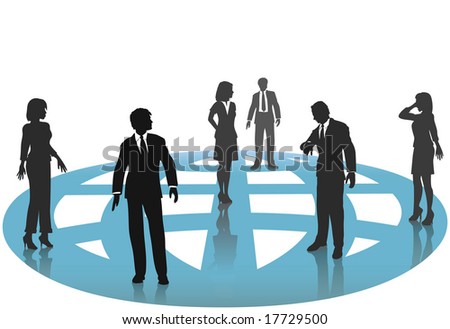A group of silhouette business people - man and women - connect on a shiny blue globe symbol.