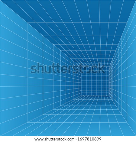 Vector. Architectural perspective background in blue color with grid lines. One-point perspective drawing with the vanishing point placed off the drawing center.
