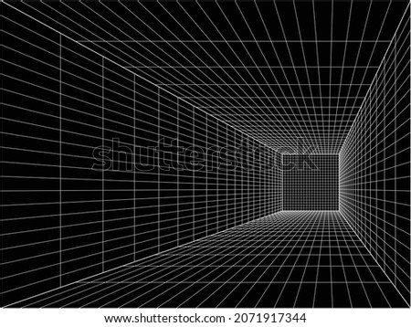 Vector. Perspective black room architectural background. One-point perspective drawing with the vanishing point placed off the drawing center. Rectangular wireframe. 
