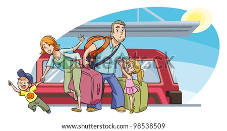 A family with two kids going on vacation by train. Vector. People are grouped separately and can be moved and scaled against background.
