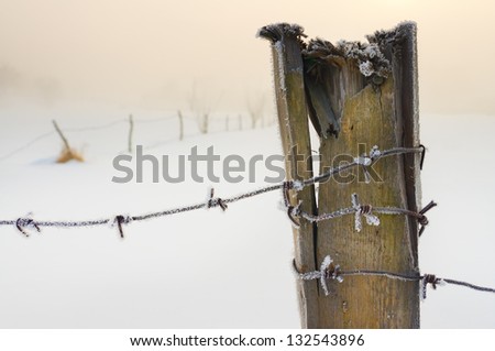 Barbed wire fence with snow covered ground and fog