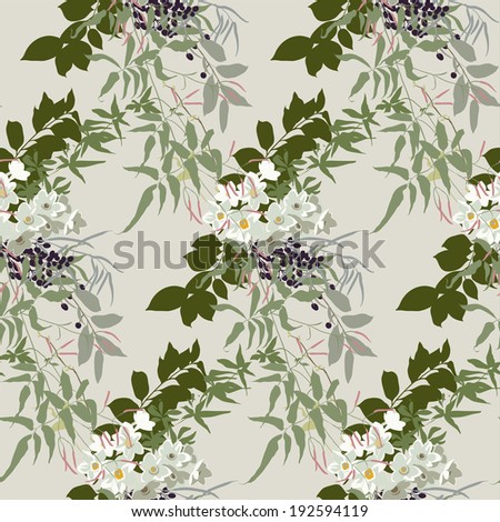 Floral pattern in earthy tones with jasmine, narcissus and black berries