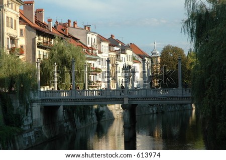 European houses along river