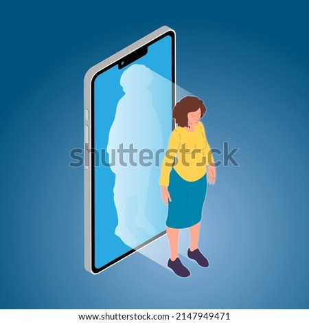 Person stepping out of smartphone screen. Modern lifestyle, cyberspace, augmented reality, virtual reality, digital detox.