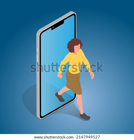 Person stepping out of smartphone screen. Modern lifestyle, cyberspace, augmented reality, virtual reality, digital detox.