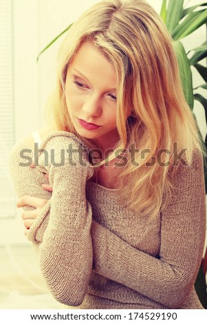 Emotional portrait of abused, beautiful, teen ,caucasian woman- violence concept, high emotional