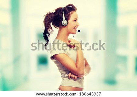 Beautiful Call Center Woman Wearing A Telephone Headset, isolated on white background