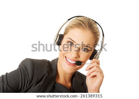 Call center woman talking to customer.