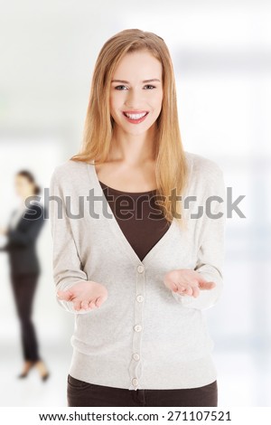 Happy woman showing her empty hands.