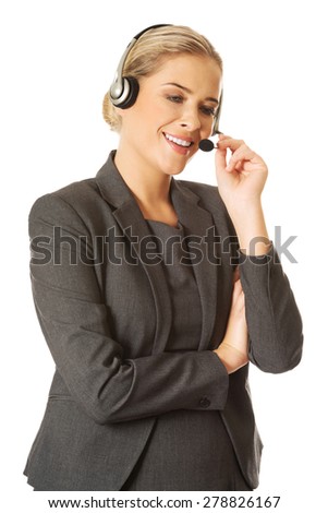 Call center woman talking to customer.