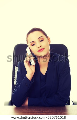 Portrait of happy smiling cheerful support phone operator with phone