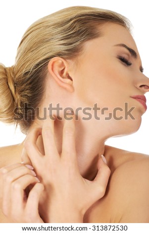 Young woman with touching her throat. Throat pain concept.