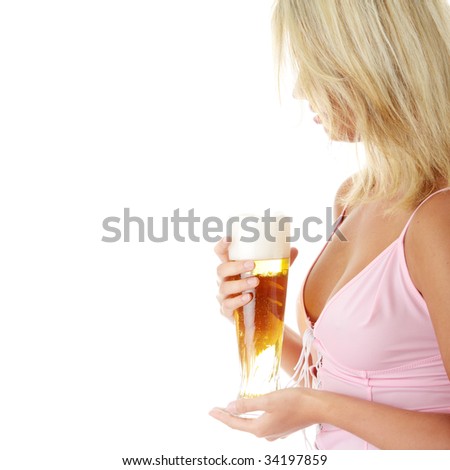 Young attractive blonde in sexy lingerie holding a beer