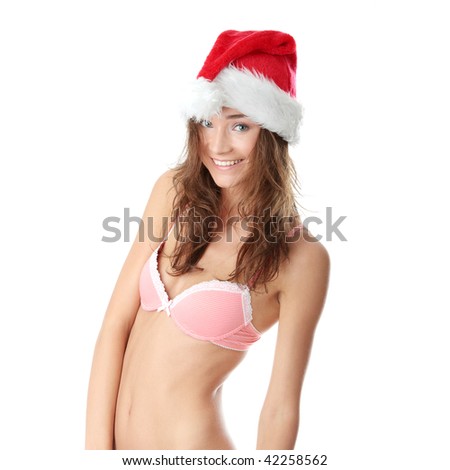 Beautiful,slim, fit and sexy Caucasian woman in pink underwear and santa hat isolated