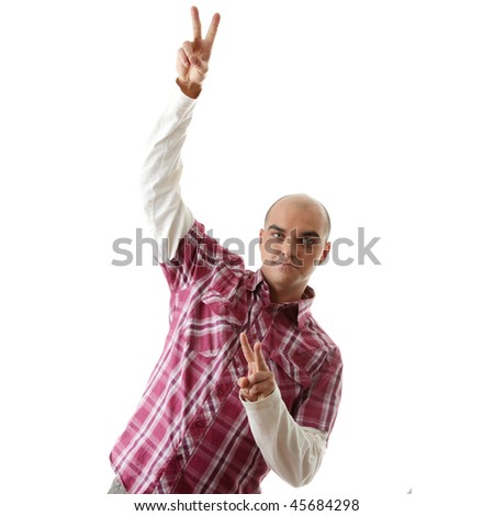 Man with happy facial expression gesturing, isolated