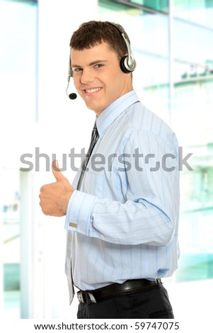 Charming customer service representative with headset on