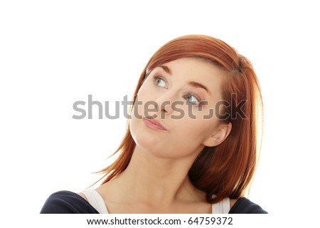 Thoughtful and worried woman looking up, isolated over a white background