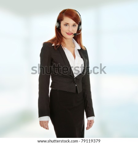 Call center woman with headset. Young businesswoman with headset.