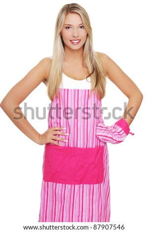 Beautiful Happy Young Blond Woman Wearing Kitchen Apron, Isolated On ...