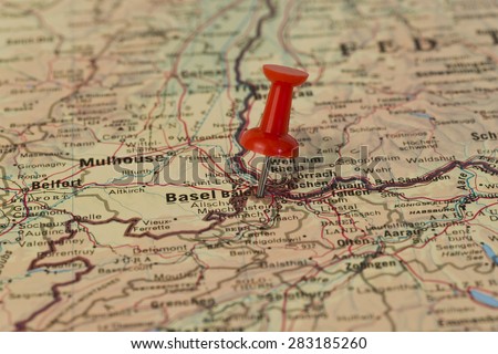 Basel (also known as Basle) marked with red pushpin on map. Selected focus on Basel and pushpin.