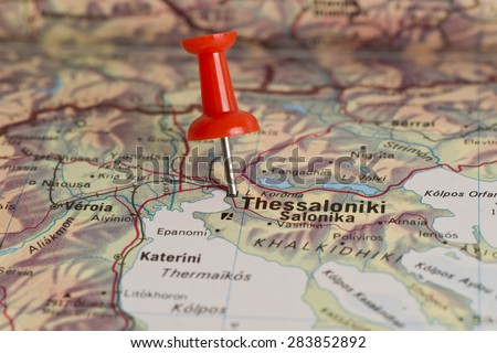 Thessaloniki (Salonika) marked with red pushpin on map. Selected focus on Thessaloniki and pushpin. Pushpin is in an angle.