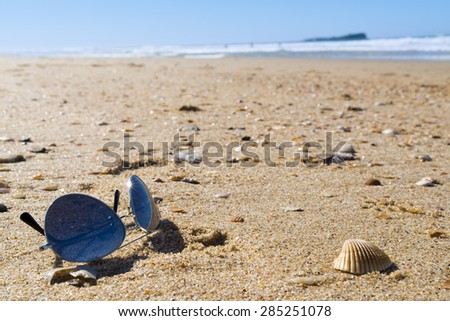 A pair of tinted sunglasses on beach sand.Shallow focus on foreground where sunglasses is. There are some seashells scattered around the beach. Background has out of focus surf and island.