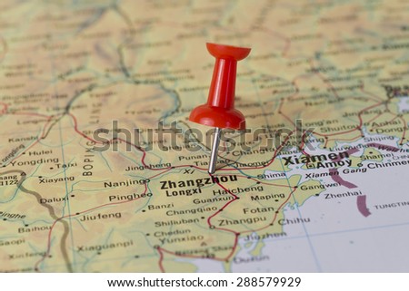 Zhangzhou (Longxi) marked with red pushpin on map. Selected focus on Zhangzhou and pushpin. Pushpin is in an angle.