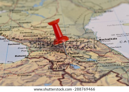 Tbilisi marked with red pushpin on map. Selected focus on Tbilisi and pushpin.