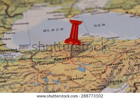 Ankara marked with red pushpin on Turkey map. Selected focus on Ankara and pushpin.
