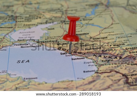 Sochi marked with red pushpin on map. Spelt Soci on map, host of XXII Olympic Winter Games in 2014. Selected focus on Soci and pushpin.