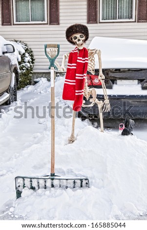 A Canadian Skeleton shoveling his car out of the snow.