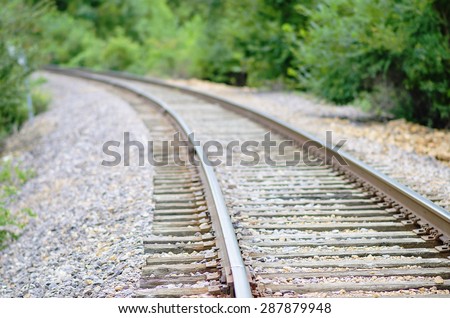 Simple Railroad Tracks Leading from Right to Left. Tracks with a foreground focus leading the eye down to a vanishing perspective to the bottom left.