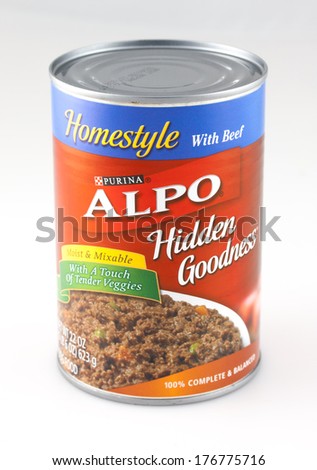 DeLand, FL, USA - February 13, 2014: A can of Alpo brand dog food.  A popular brand of canned food for pets.