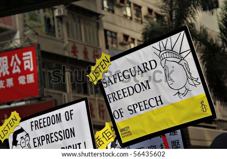Freedom of Speech sign post - protest from July 1st Demonstration 2010 in Hong Kong