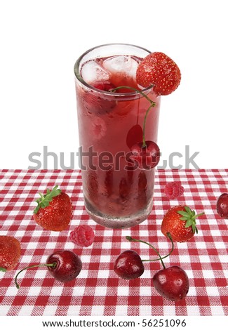 Red fruit cocktail on picnic table cloth.