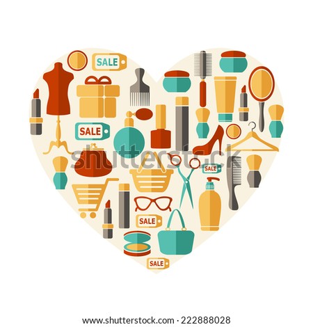 Beauty, fashion, sale and shopping heart shape background with flat icons