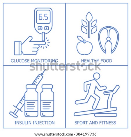 Diabetes vector background.  Diabetic therapy line style blue icons set. Blood glucose test.