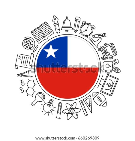 Vector Chilean school background, with black linear icons on white. Education of Chile pattern with modern line style icons and Chilean flag.