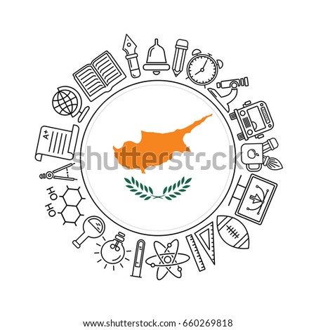 Vector Cypriot school background, with black linear icons on white. Education of Cyprus pattern with modern line style icons and Cypriot flag.