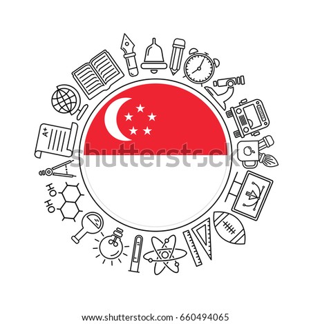 Vector Singapore school background, with black linear icons on white. Education pattern with modern line style icons and Singapore flag.