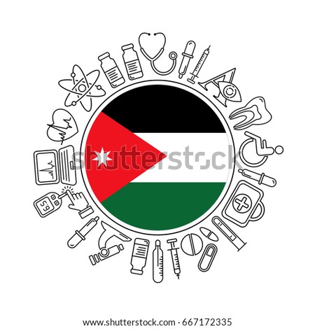 Vector medicine and health in Jordan design round pattern with modern black linear icons. Jordan medical background with line style symbols and place for text.