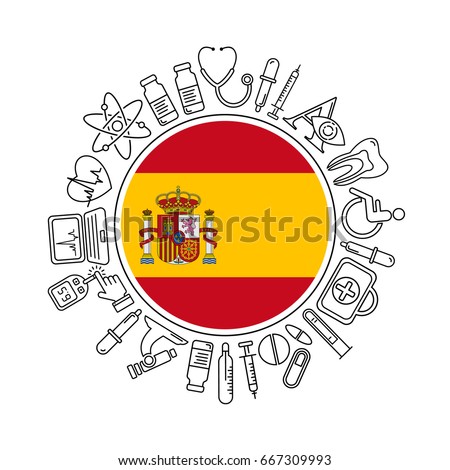 Vector medicine and health in Spain design round pattern with modern black linear icons. Spanish medical background with line style symbols and place for text.