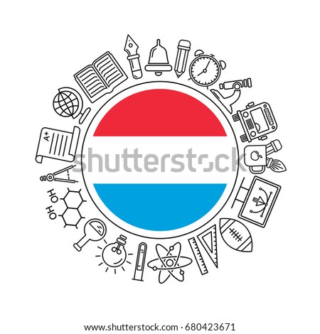 Vector Luxembourg school background, with black linear icons on white. Education pattern with modern line style icons and Luxembourg flag.