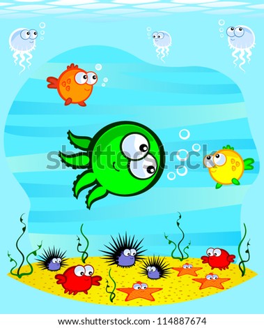 Vector drawing. Underwater World. Cartoon cute marine animals on the sandy bottom.At the heart of an octopus.