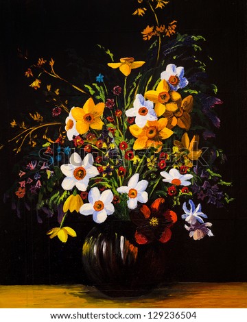 Oil painting of spring flowers in a vase on canvas
