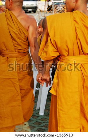 Monks gather to celebrate Buddha\'s birthday and the 60th anniversary of the King\'s accession to the throne, Bangkok, Thailand.