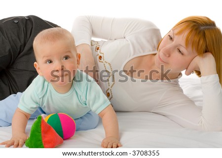 the redhead woman with baby on white background