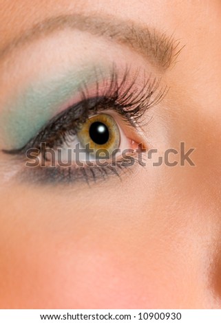 female wide open eye with long eyelashes macro