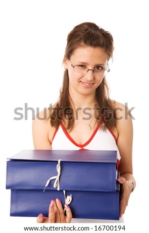 young woman with document case on white background